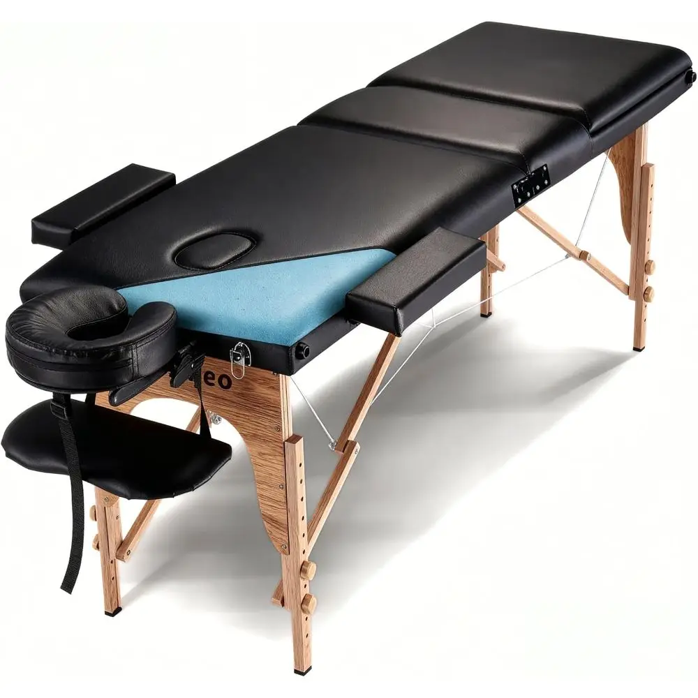 Portable Massage Table Massage Bed Proional Spa Bed, Black (3-Section) | Wooden e Height Adjusent Accories