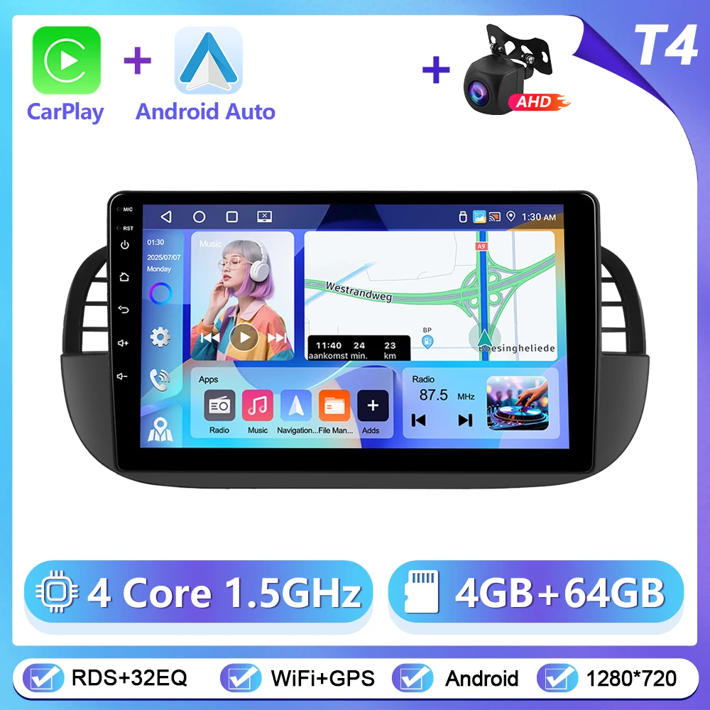 Podoyo CarPlay Android Radio voor FIAT 500 2007-2015 omdat Intelligent System 2Din GPS Stereo Head Unit Multimedia Speler