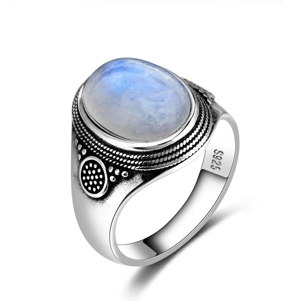 925 Sterling Silver Ring 10x14MM Natural Moonstone Ring Vintage Jewelry Party Ring Fine Gift Accessories Wholesale