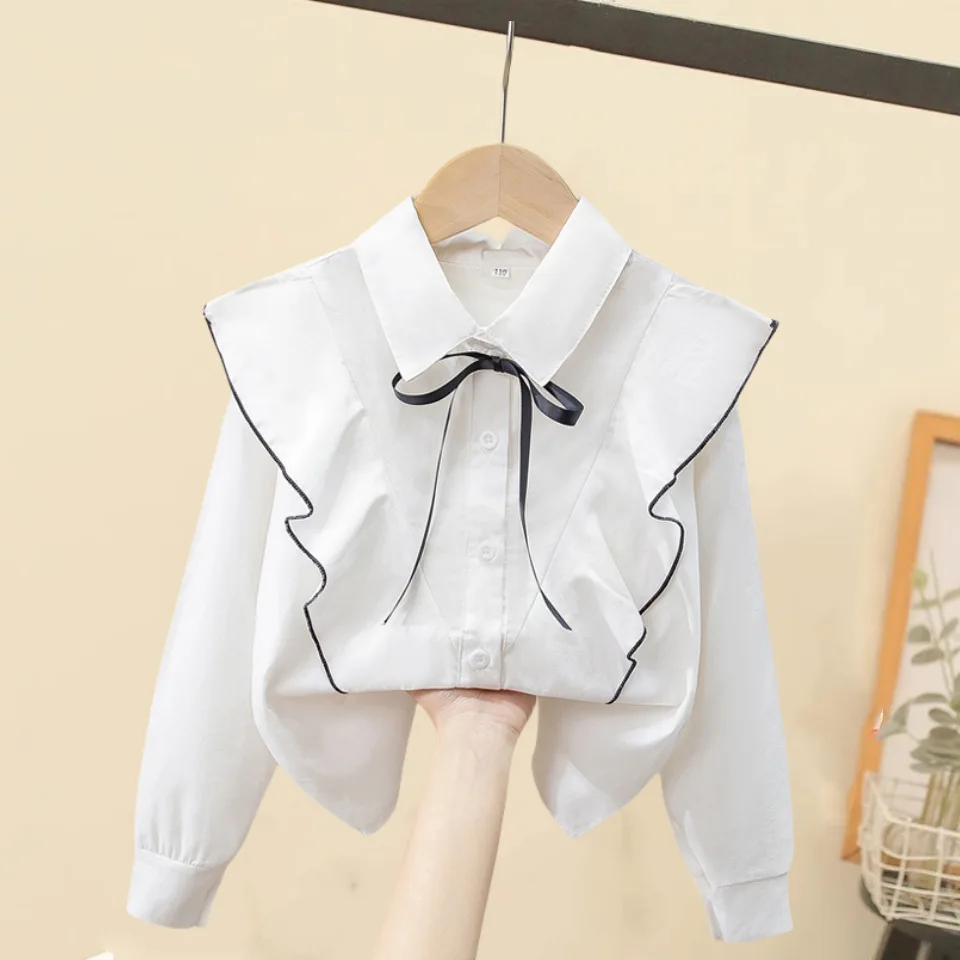 Children\'s Shirt White Long-sleeved Spring and Autumn School Uniforms Performance Clothes Lace Girls Student Clothes 2024 New