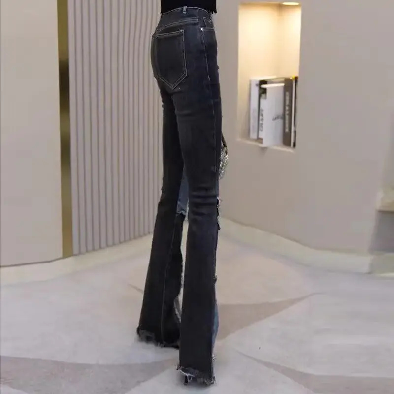 

Корейские джинсы-клеш с высокой талией, летние, модные, с эффектом похудения, женские, эластичные, струящиеся, повседневные, из денима.