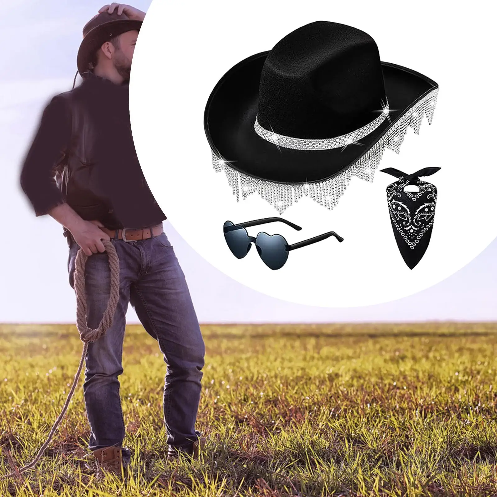 Rhinestones Tassels Cowboy Hat with Bandana Sunglasses Sunhat for Fishing Stage Performance Dressing up Carnivals Masquerade