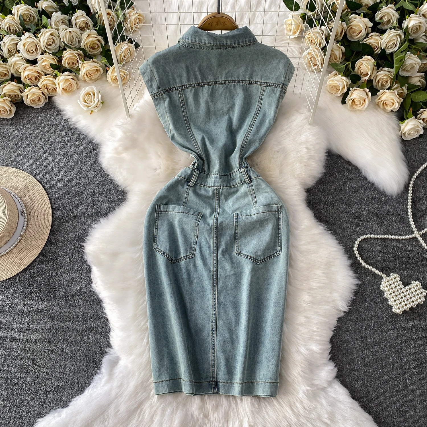 Vestido vaquero ahuecado de verano para mujer, vestidos sin mangas con solapa y una hilera de botones, vestido vaquero informal a la moda para mujer