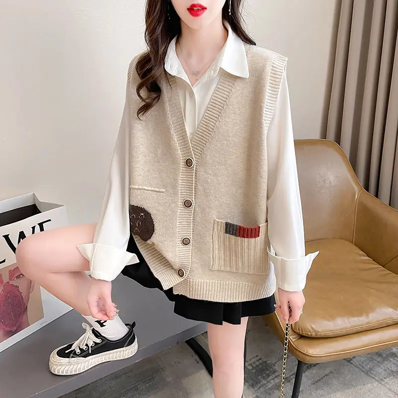 2023 Autumn and Winter Women\'s Pullover V-neck Button Pockets Printing Loose Sweater Fashion Casual Elegant Sleeveless Vest Tops