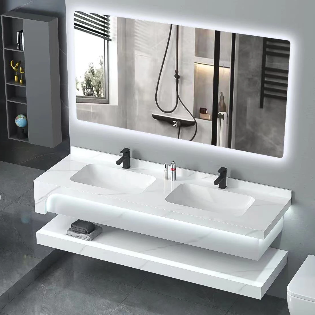 Modern Single Double Wall Mounted Customized Color Sintered Stone Cabinet Wash Basin Floating Bathroom Vanities LED Touch