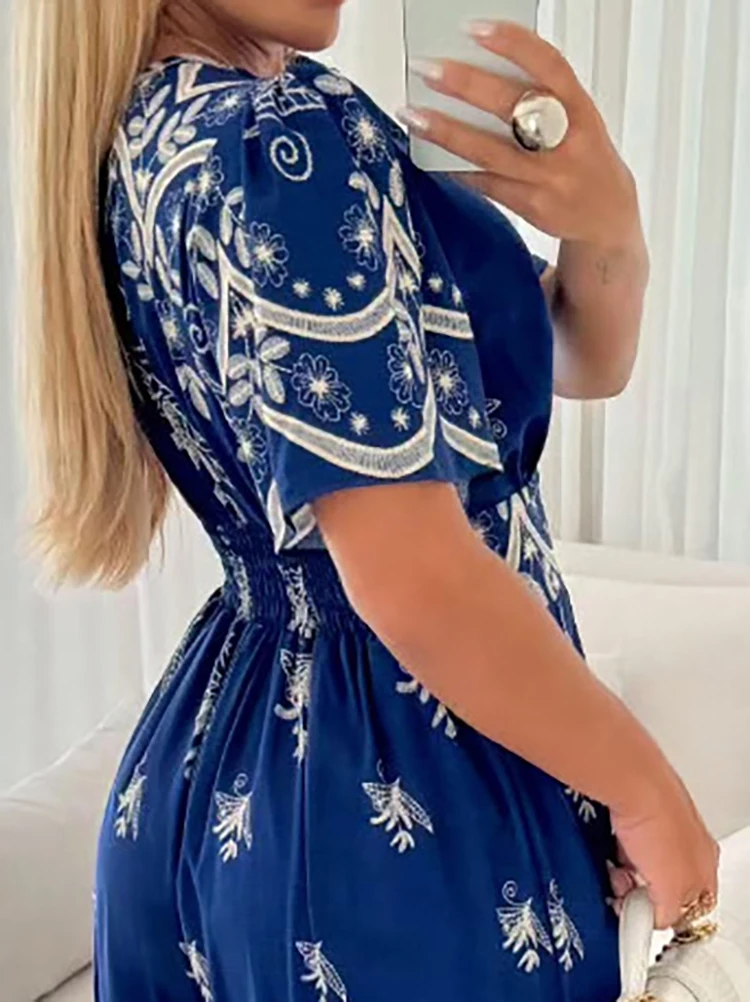 

Bohemian Printed High Waisted Loose Jumpsuit Vintage Women's V Neck Short Sleeved Playsuit High Street Pleated Long Pants Romper