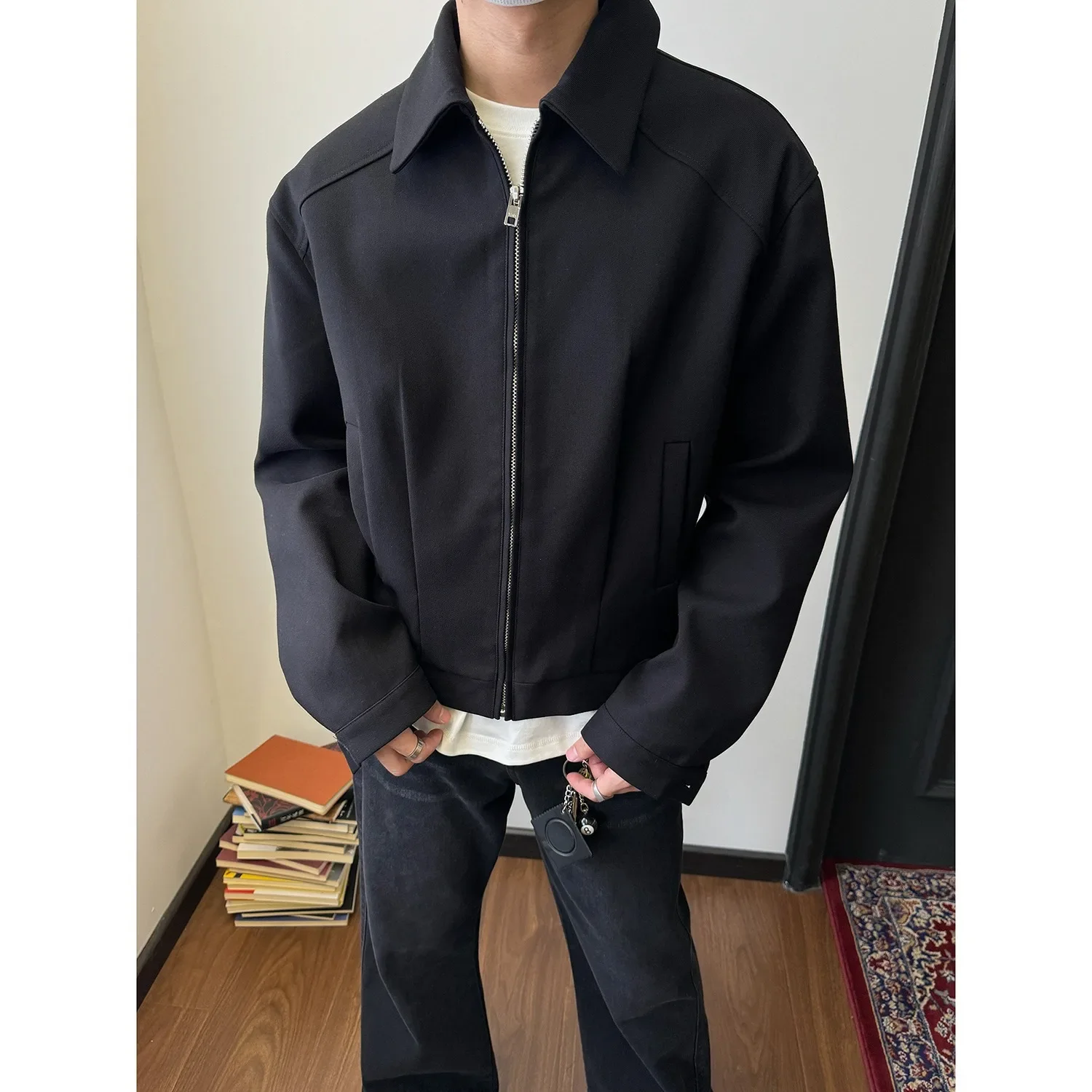 Korean Style New Simple Cropped Jacket Men's Autumn Winter Loose Fit Casual Short Wide Lapel Solid Color Jacket Wholesale