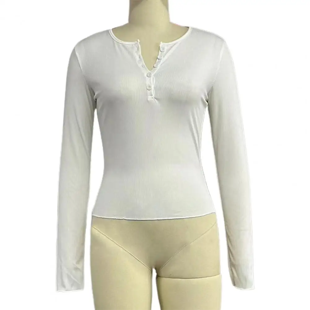 Women Fall Spring Top O Neck Button Long Sleeve Slim Fit Pullover Thread Solid Color Elastic Simple Style Lady T-shirt Blouse