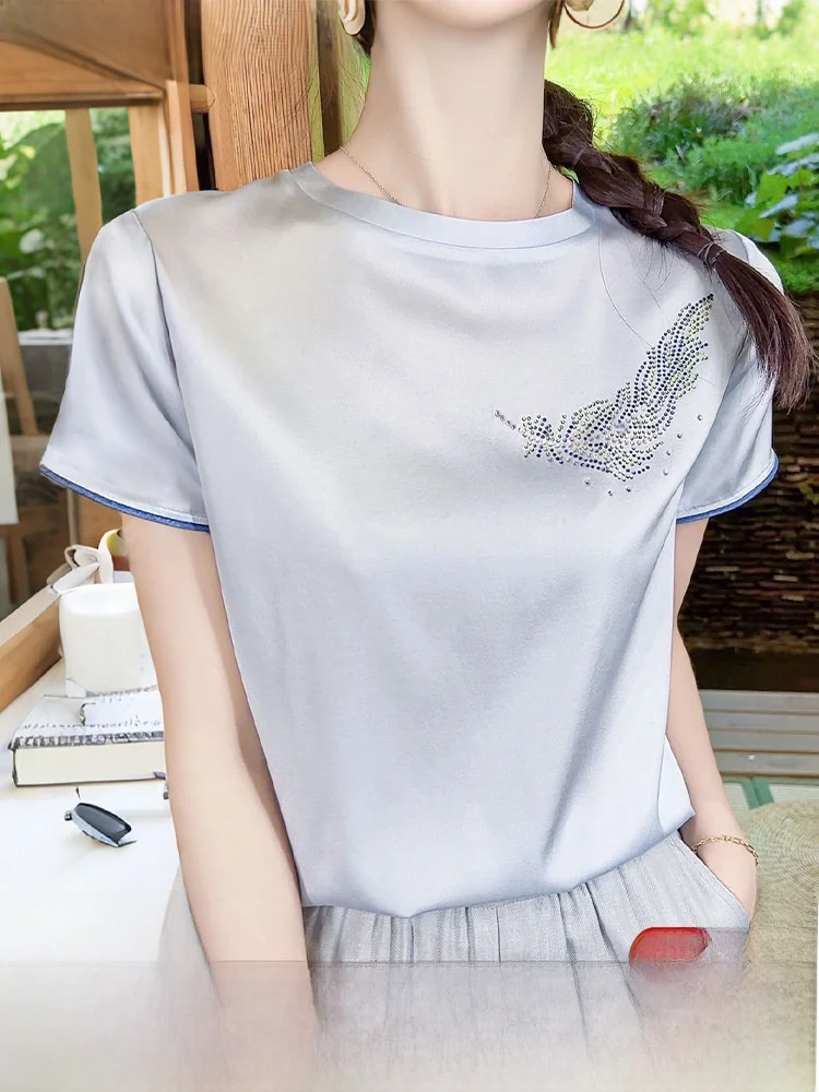 

Silk ort Sve T-irt Women's Summer Thin round Ne Heavy Elastic Satin Real Silk Fly Bird Rhinestone Daily Wear Straigh...