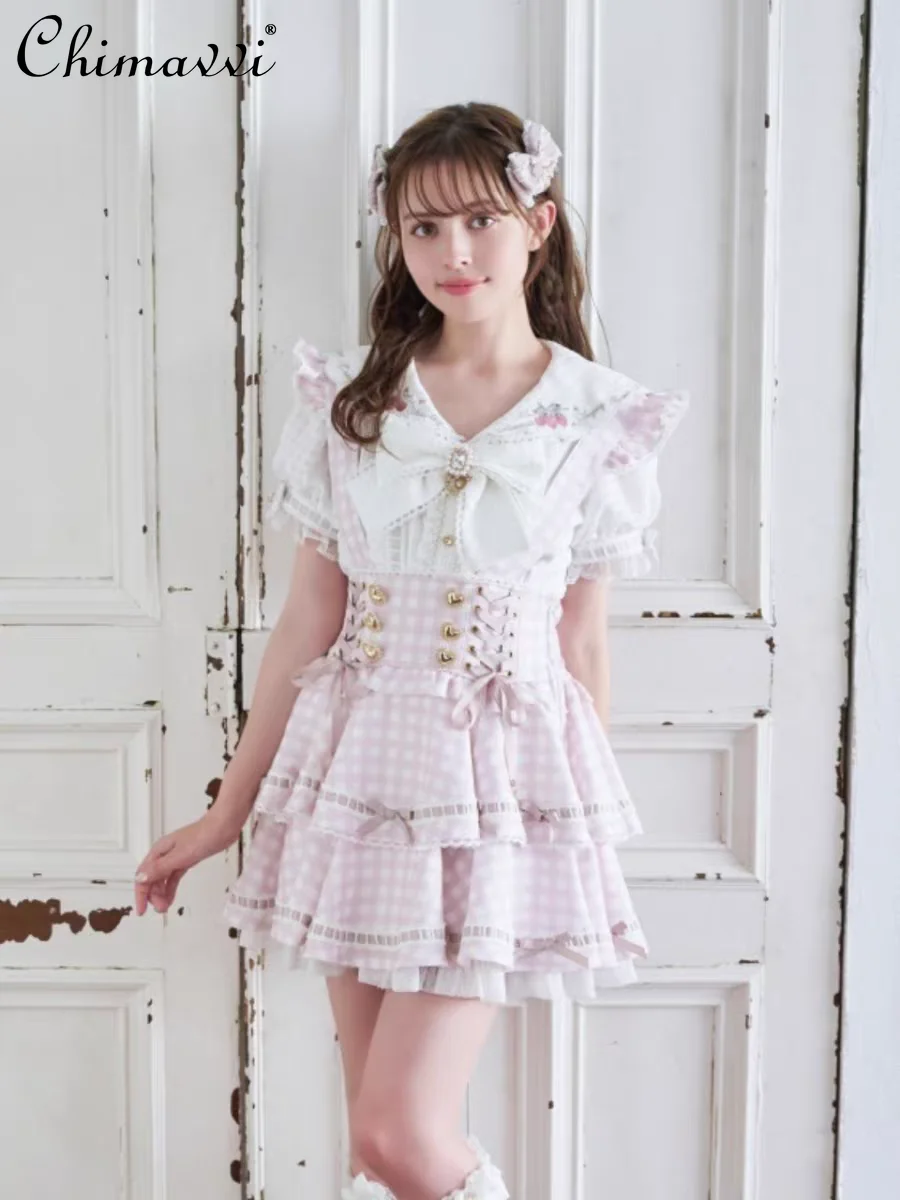 

Liz Japanese Sweet Cute Heavy Industry Printed Plaid Strap Skirt New 2025 Autumn Lolita Bow College Style High Waist Skirt