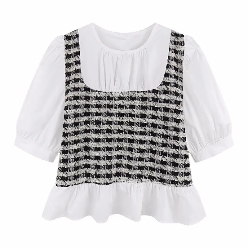 Summer Plaid Bubble Sve ort irt Women's Faion Design Casual Cover Belly  Dr Korean Sle round Ne Top