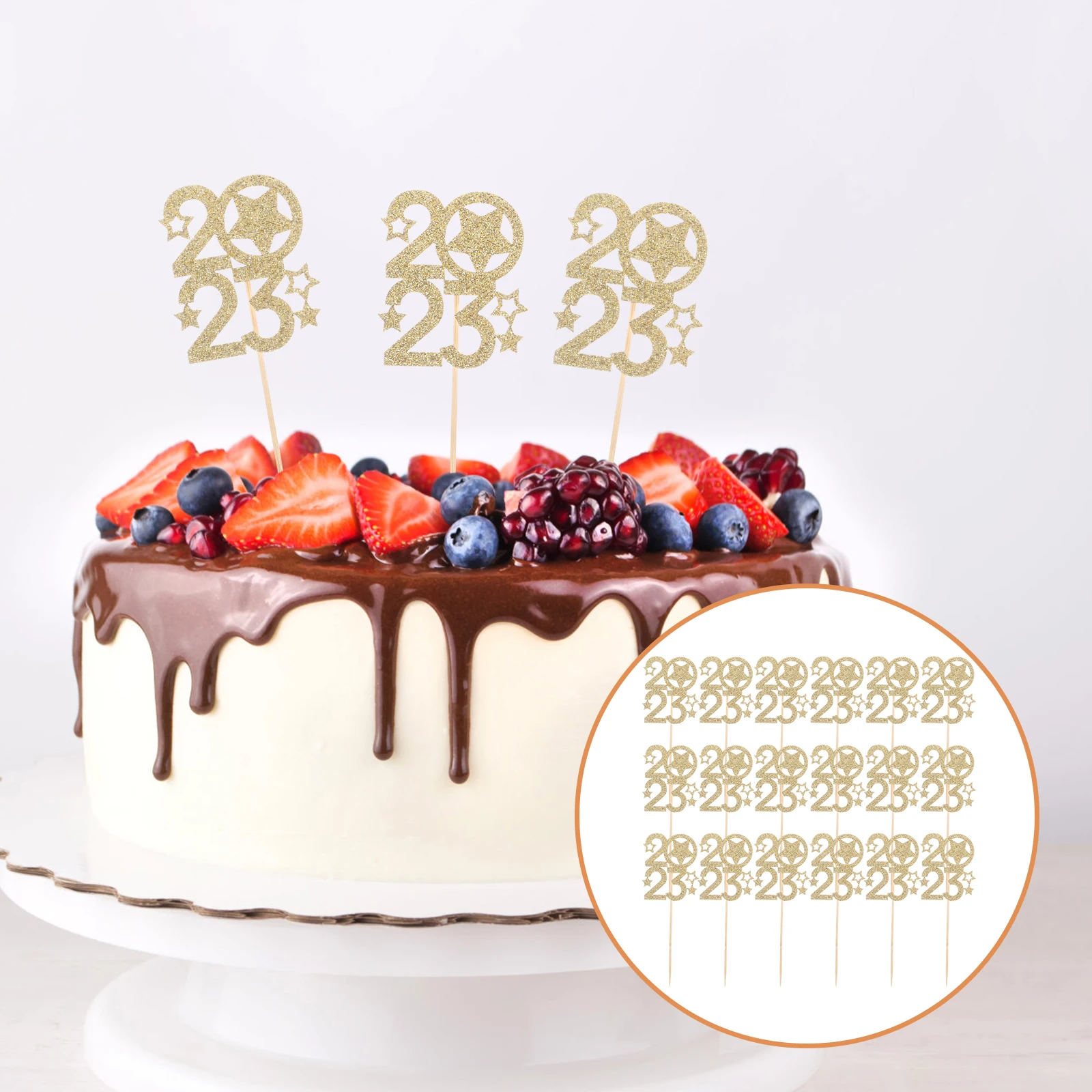 

40pcs 2023 New Year Picks Glitter Cupcake Toppers Dessert Decorations Party Supplies Bright Color Ornaments Fruit Cake