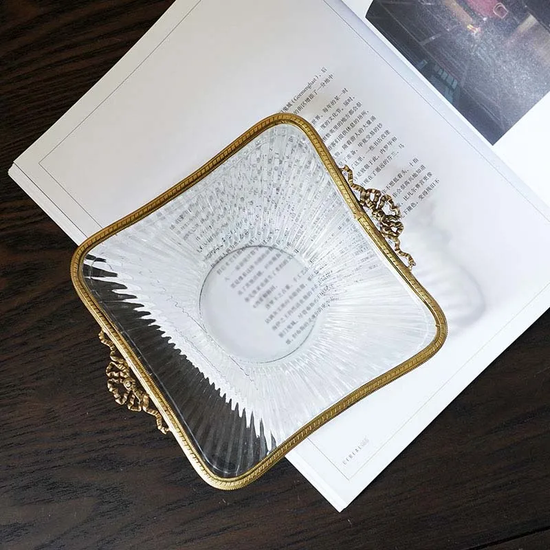 Rustic Handmade Bronze Edged Glass Shallow Square Plate American Style Luxury Jewelry Storage Tray Home Decor Fruit Dish