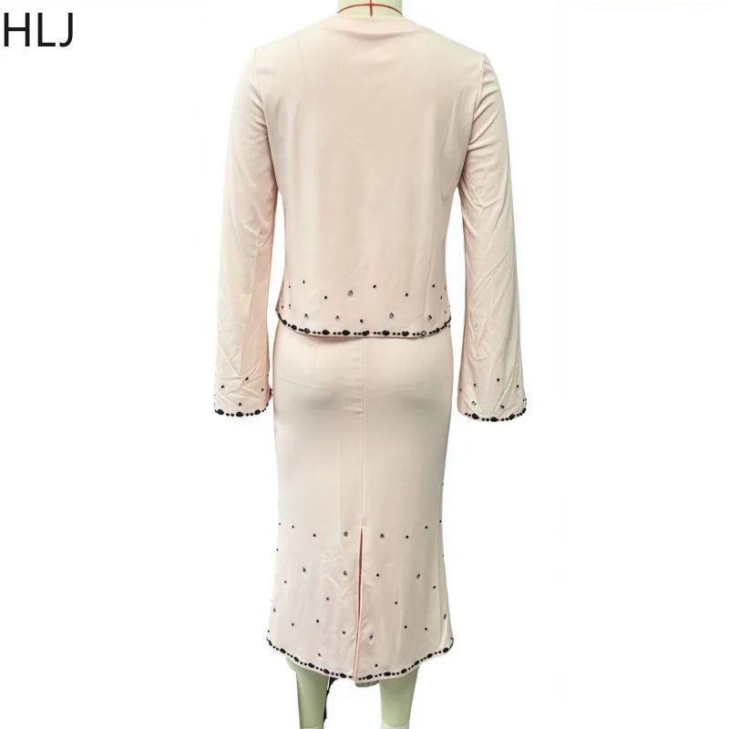 Hlj elegante rosa strass retalhos 2 peça define mulher outfit mangas compridas decote em v topos + saia combinando ternos feminino escritório