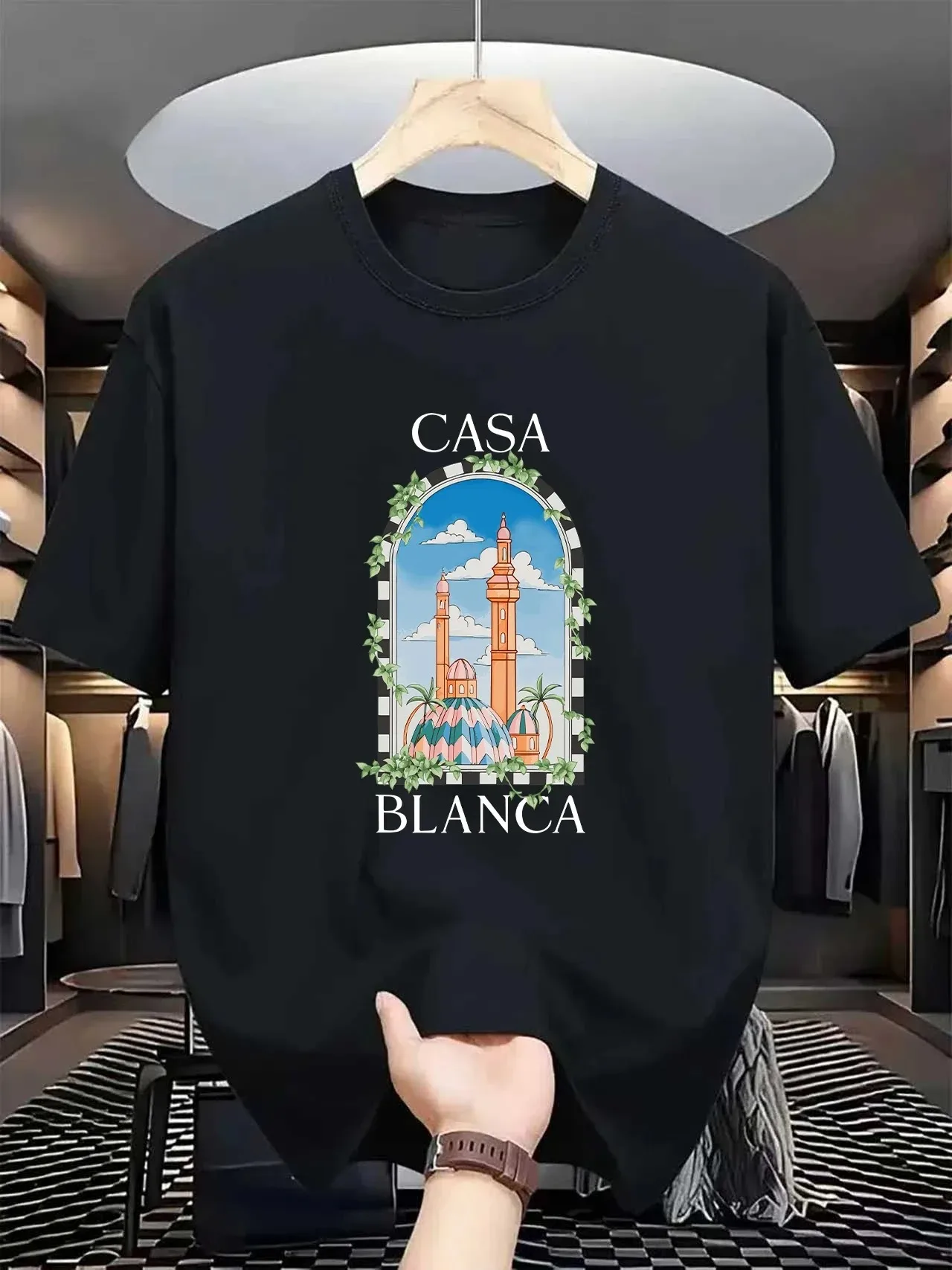 Vintage Casablanca T-shirt Architectuur Grafisch T-shirt Streetwear Heren Korte Mouw Zomer Hip Hop Casual Los T-shirt Kleding