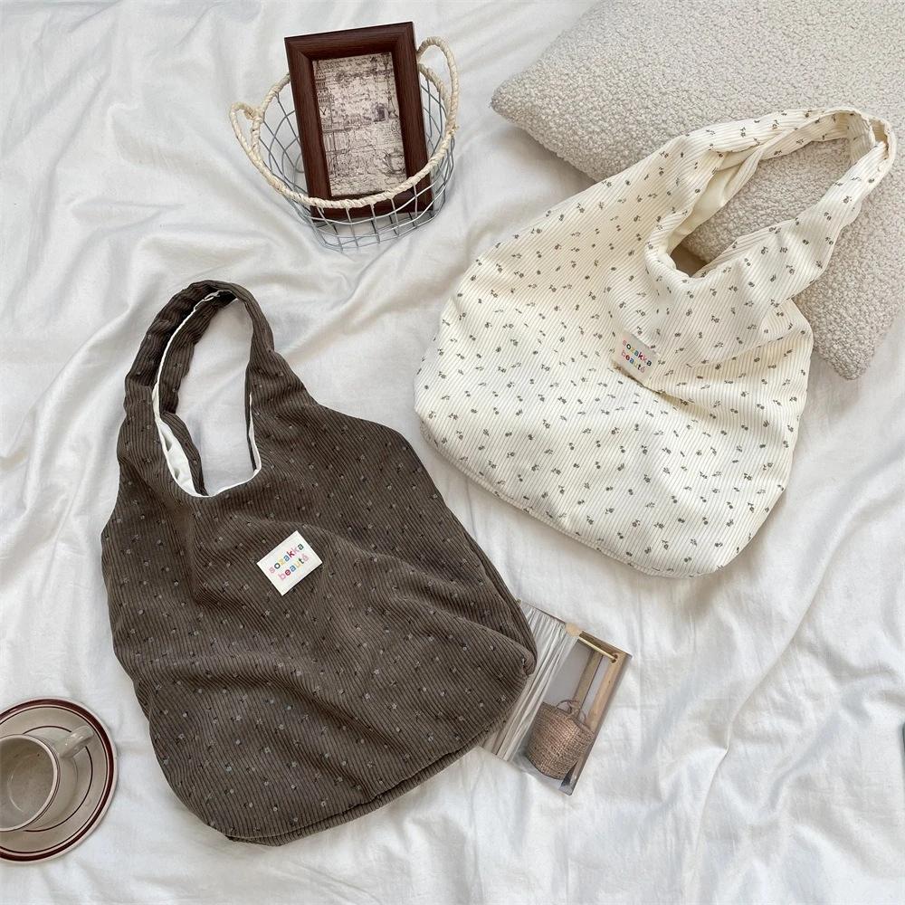 Korean Women Autumn and Winter Corduroy Shoulder Bag Shopping Bag Books Tote Female Eco Handbag Reusable Grocery Shopper Purse