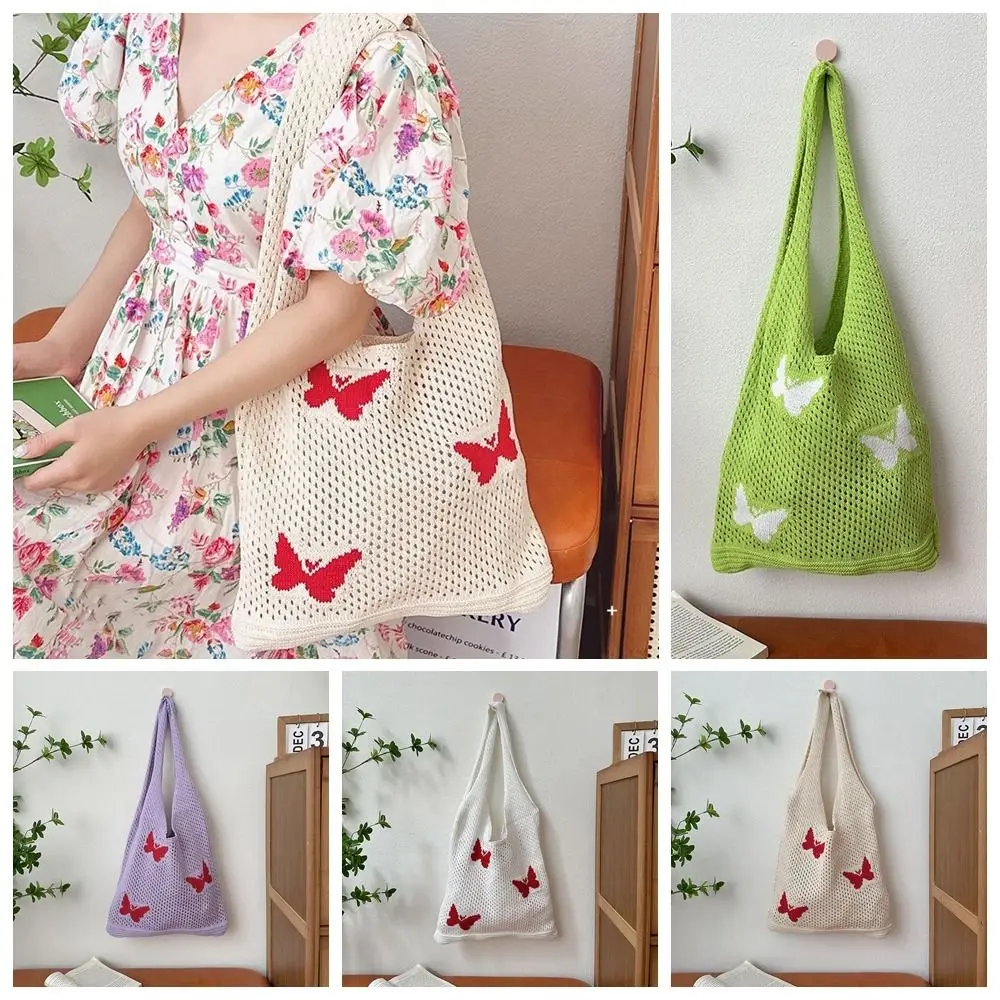 

Trendy Bohemian Knitted Shoulder Bag Hollowed Out Leisure Weave Handbag Sweet Butterfly Crochet Tote Bag Beach