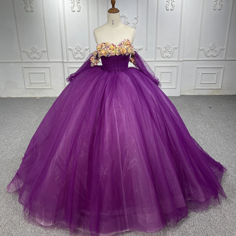 Stylish Women's Quinceanera Ball Dresse Purple Flower Off Shoulder Full Sleeves Lace High Quality Graduation Party Gown DY1239