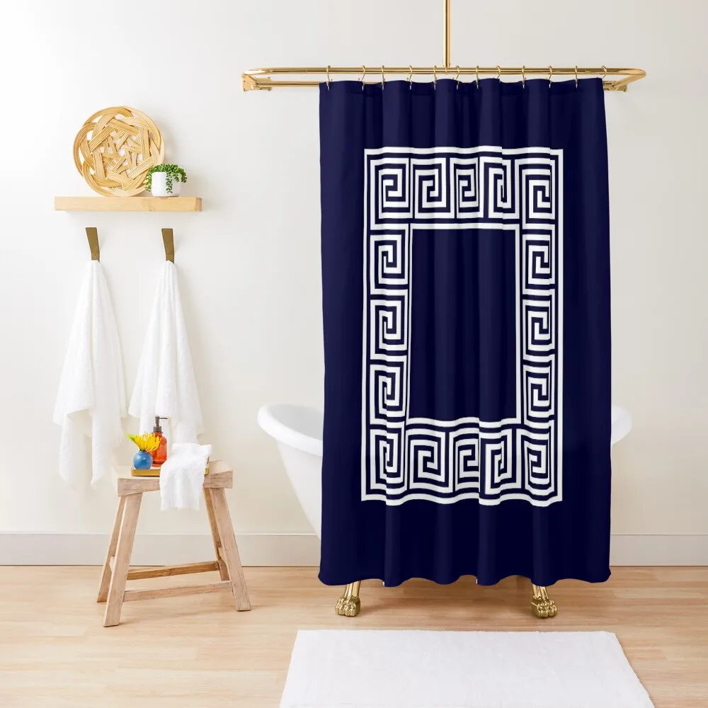 Navy Blue Greek Key Meander Square Shower Curtain Luxury Bathroom For Shower Curtain