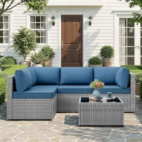 5-Piece Patio Furniture Set, All-Weather Wicker Outdoor Sectional Sofa with Soft Cushions, Modular Conversation Set for