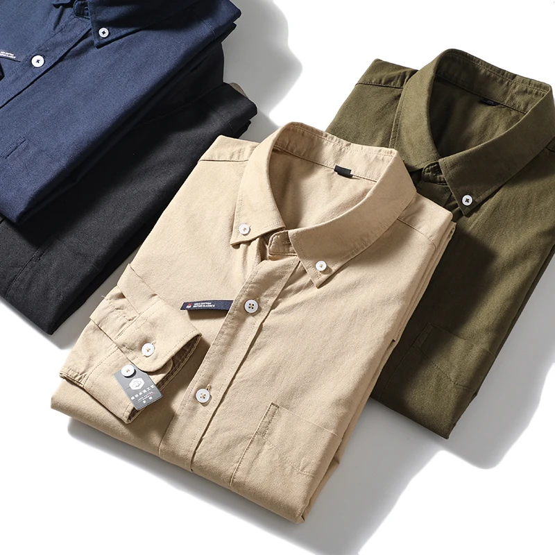 Spring Casual Long Sleeve Oxford Cloth Shirt Men's Spring Breathable Standard Fit Workwear Style Military Green Checkered Shirt