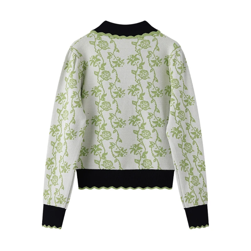 Primavera otoño suéter de Jacquard verde mujer elegante cuello vuelto manga larga florales tejidos Tops jerseys Jumpers