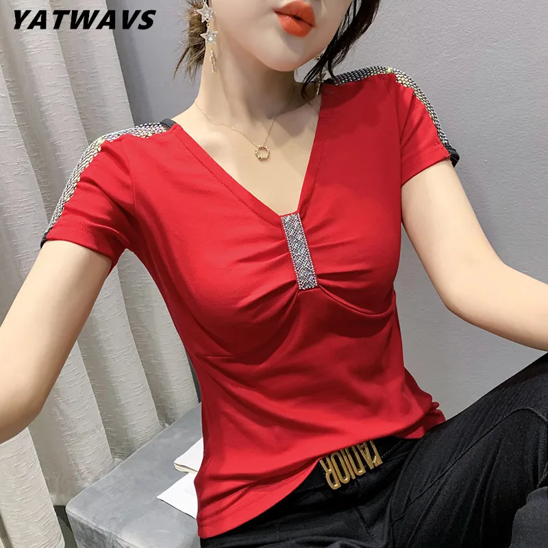 

New Summer Women's Sexy Hollow Out Hot Diamond Off Shoulder Short Sleeved T-Shirt Luxury Elegant Femme V-Neck Diamonds Tops Tees