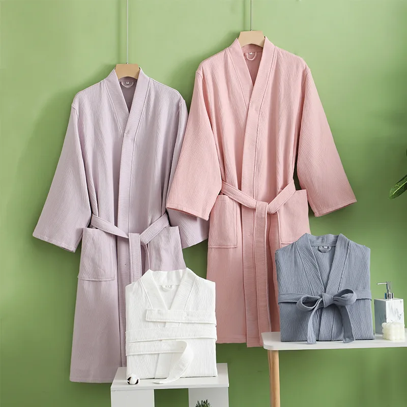 

100% Cotton Double Layer Gauze Couples Kimono Robes Women And Man Bathrobe Nightgown Loose Home Service Basice Hotel Bathrobe