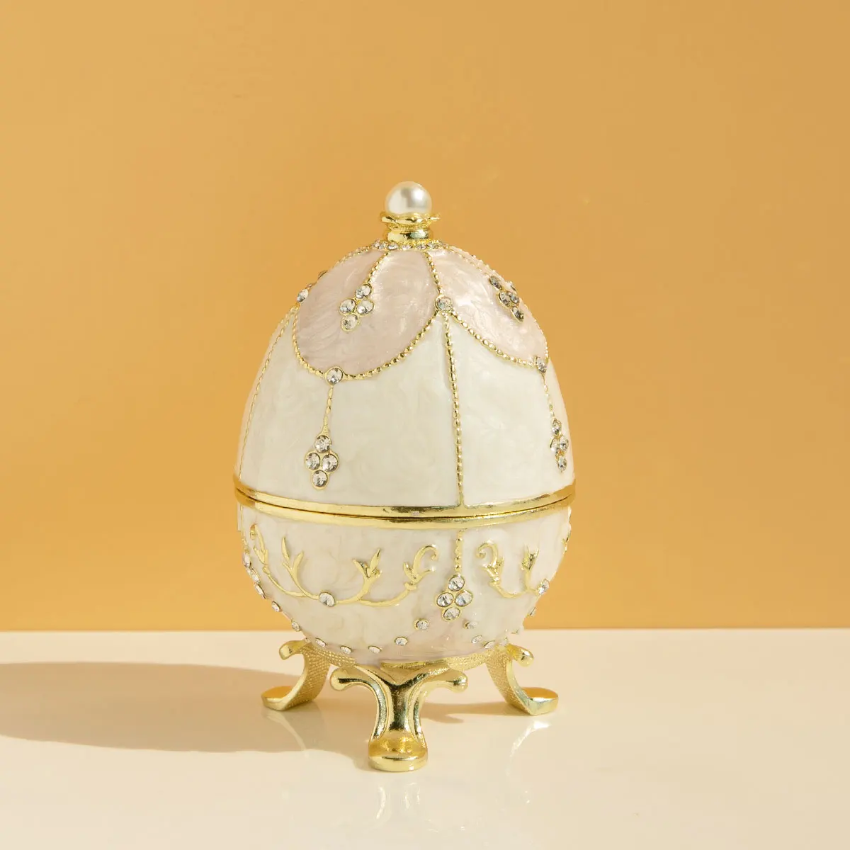 

Hand Painted White Easter Egg Faberge Egg Jewelry Trinket Box Classic Ornaments Vintage Craft Gift for Home Decor