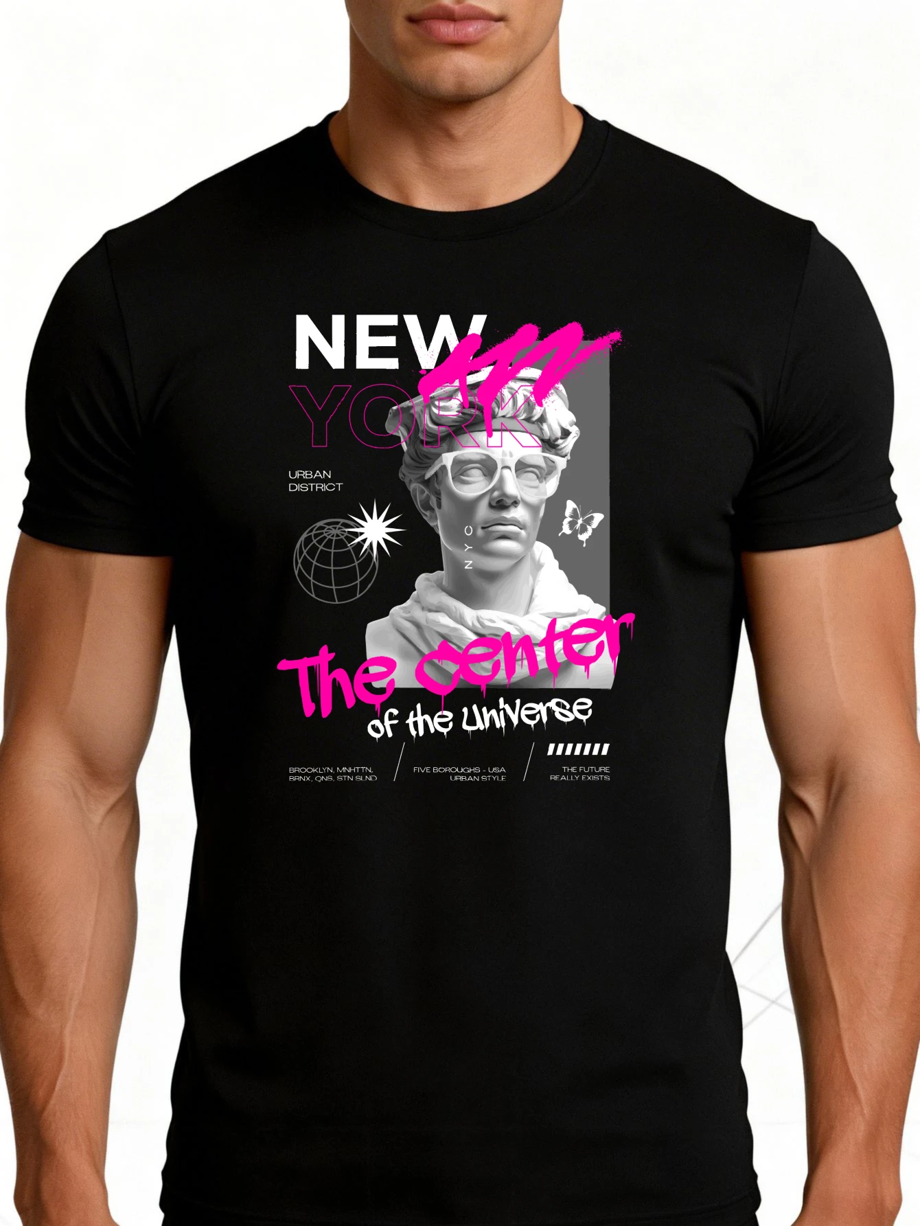 Urban Street Style Men's T-Shirt, New York Art Graphic, Cosmic Center Design, Spring and Summer Wear, Fashionable Gift for Trendsetters