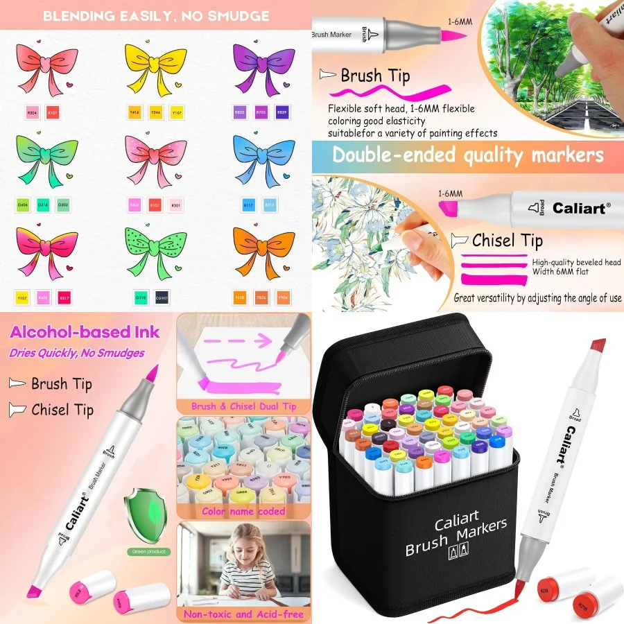 

Caliart Alcohol Markers Brush Tip 51 Colors Dual Tip Coloring Marker Pen Set with Brush and Chisel Tips for Adult Coloring Book