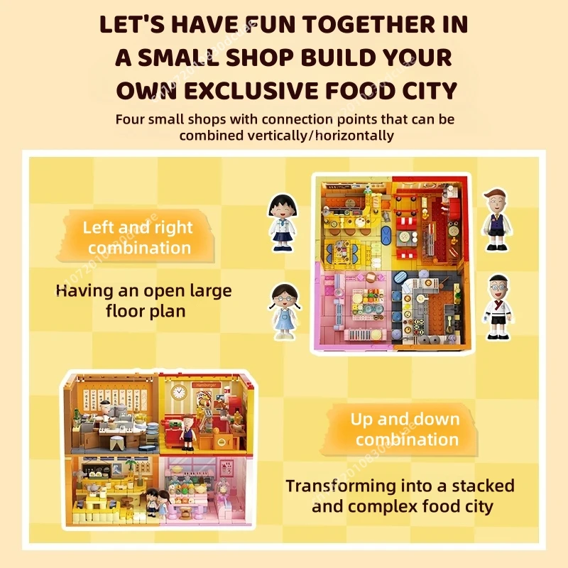 Chibi maruko-chan pilha casa bloco de construção hambúrguer loja sushi casa vista rua modelo decoração brinquedos educativos natal