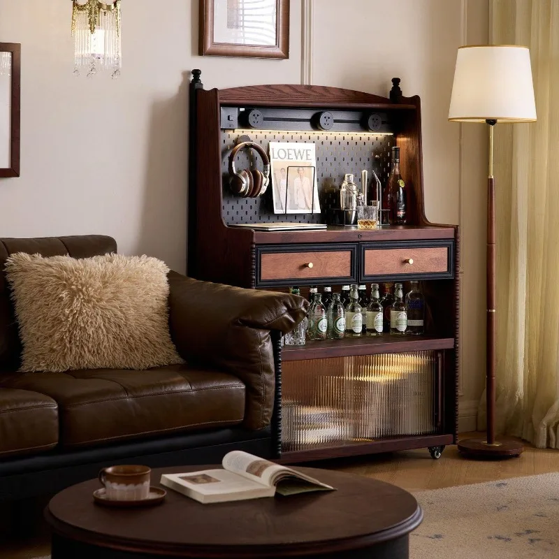 French retro style solid wood movable dining side cabinet, living room storage against the wall tea coffee cabinet
