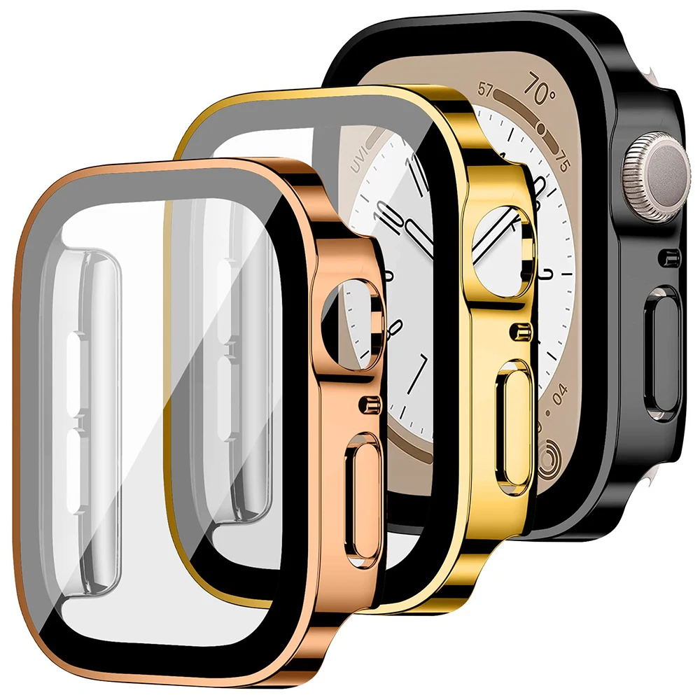 Glass+cover For Apple Watch case series 8 7 6 5 4 se 44mm 45mm 41mm 40mm PC Waterproof Screen Protector apple watch Accessories