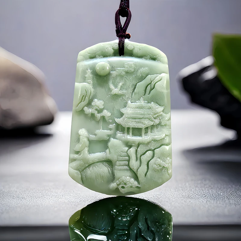 

Ожерелье с подвеской из натурального Нефритового ландшафта, винтажный аксессуар зеленого цвета, резной ювелирный амулет, роскошный подарок, модный камень