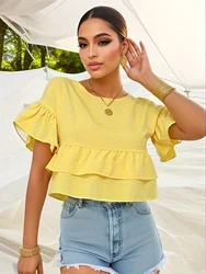 Solid Color  Solid Layered Ruffle Hem Crew Neck Blouse, Casual Short Sleeve Blouse For Spring & Summer, Women's Clothing