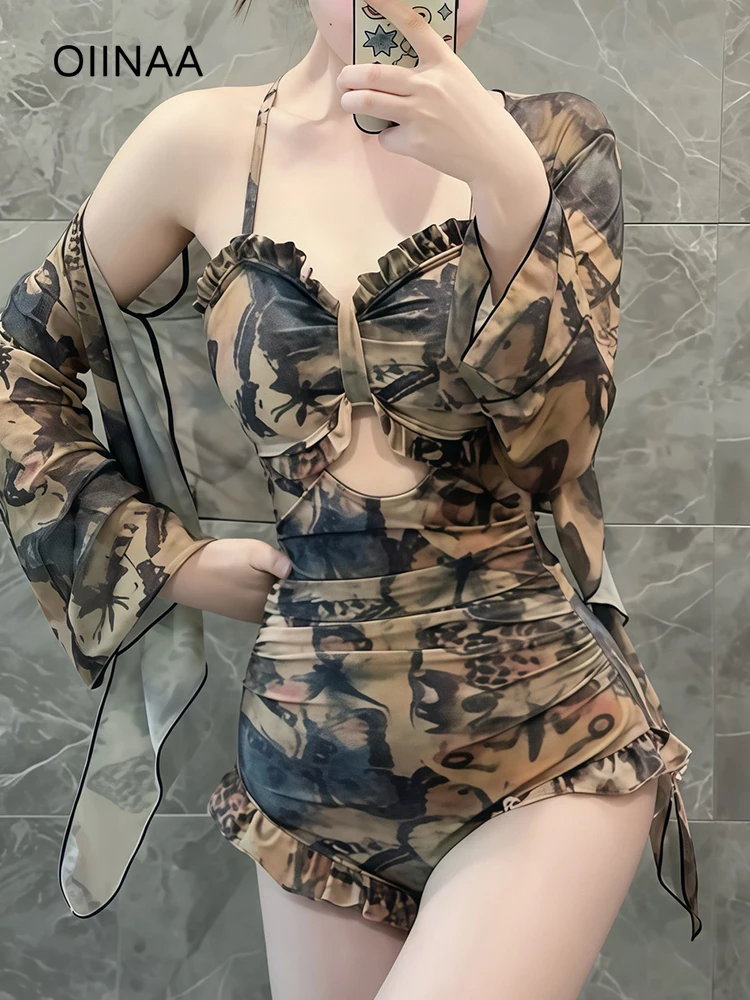 

OIINAA Sexy Swimwear Women Print Ruffled Hot Spring Swimwear Mesh Long Sleeve Cover-Ups Summer 2025 New Korean Fashion Bodysuit