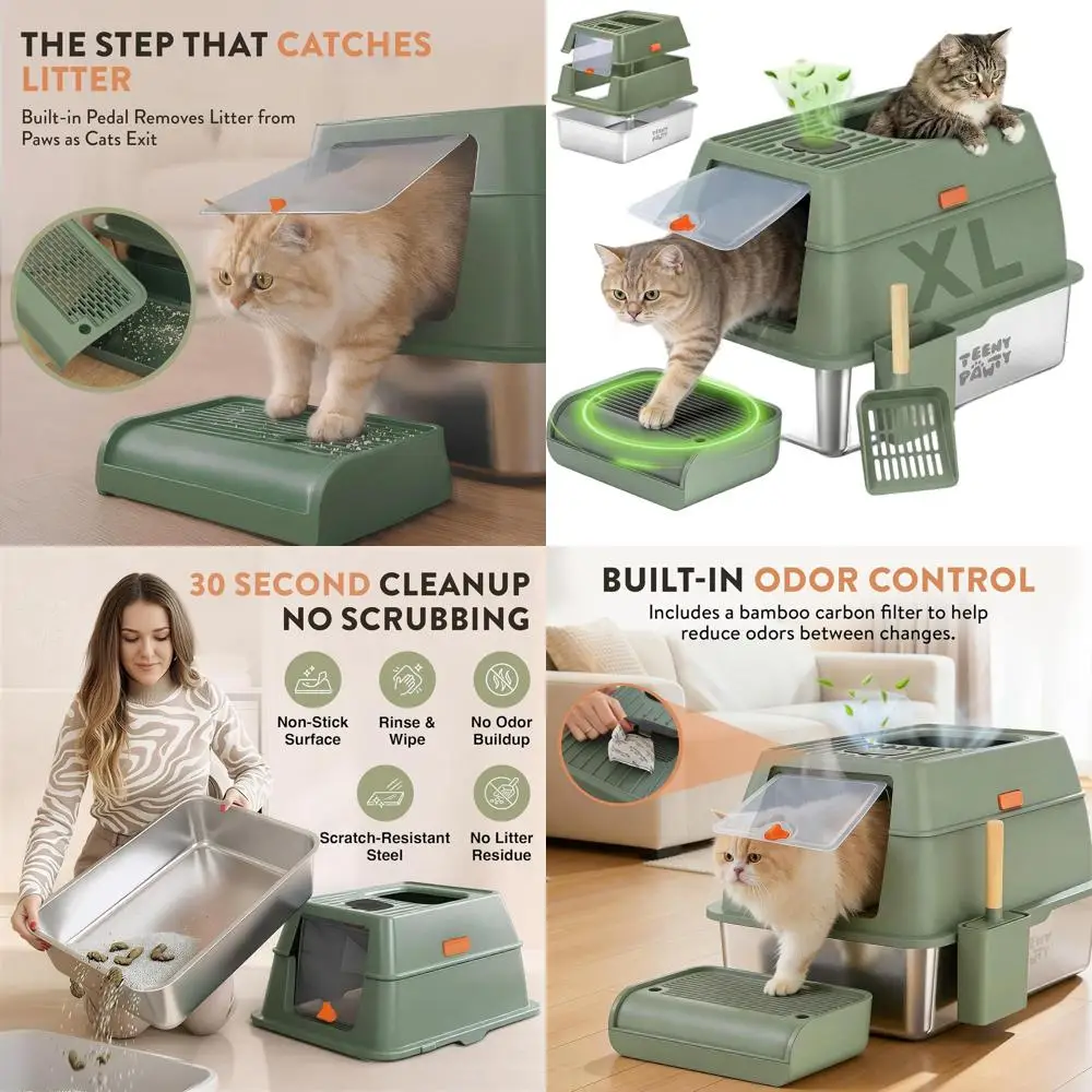 

Контейнер для кошачьего туалета из нержавеющей стали с совком - большой, прочный, устойчивый к запахам, с антипригарным покрытием, 60x40 см