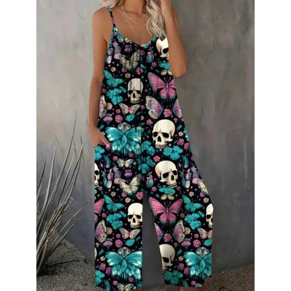 

Elegan V-neck Women's Ingenuity Fashion Pattern Print Loose Long Romper Causal Sleeveless Wide Leg Playsuit Women Jumpsuit