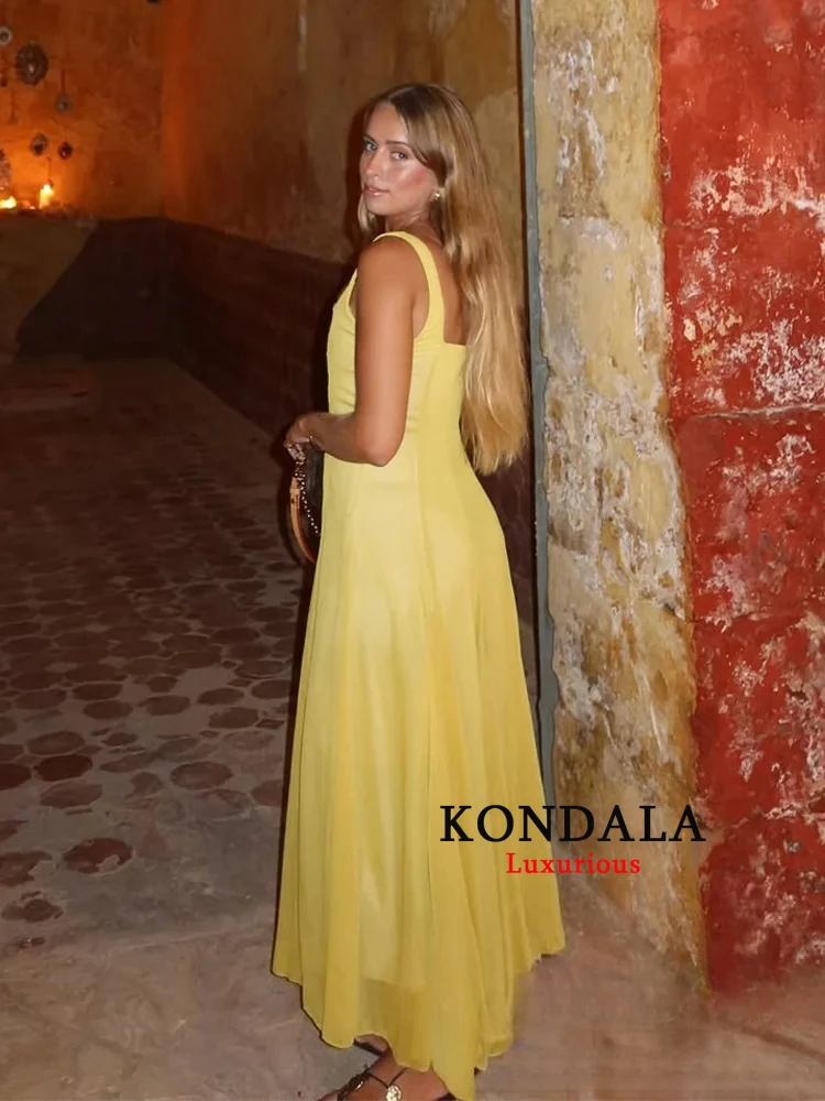 ชุดเดรสสายเดี่ยวสไตล์วินเทจ KONDALA สีเหลืองล้วน แขนกุด แต่งระบาย ซิปด้านหลัง แฟชั่นใหม่ 2025 ชุดเดรสสำหรับฤดูใบไม้ผลิ ฤดูร้อน และวันหยุด