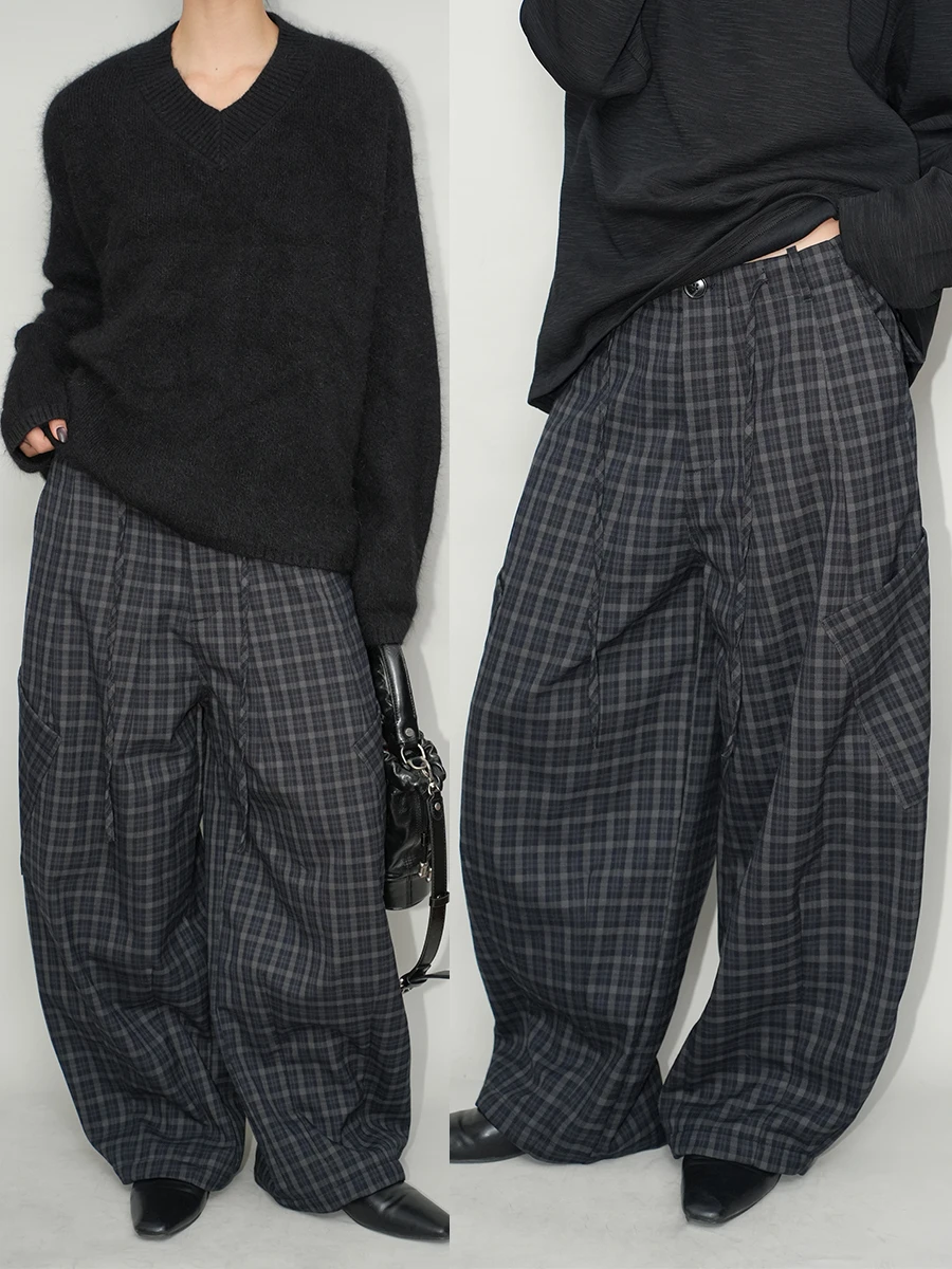 

Blue Plaid Fce Lined Retro Dstring Casual Pants Women's Loose Faion Design ket Long Trousers Comfortable Leisure P...