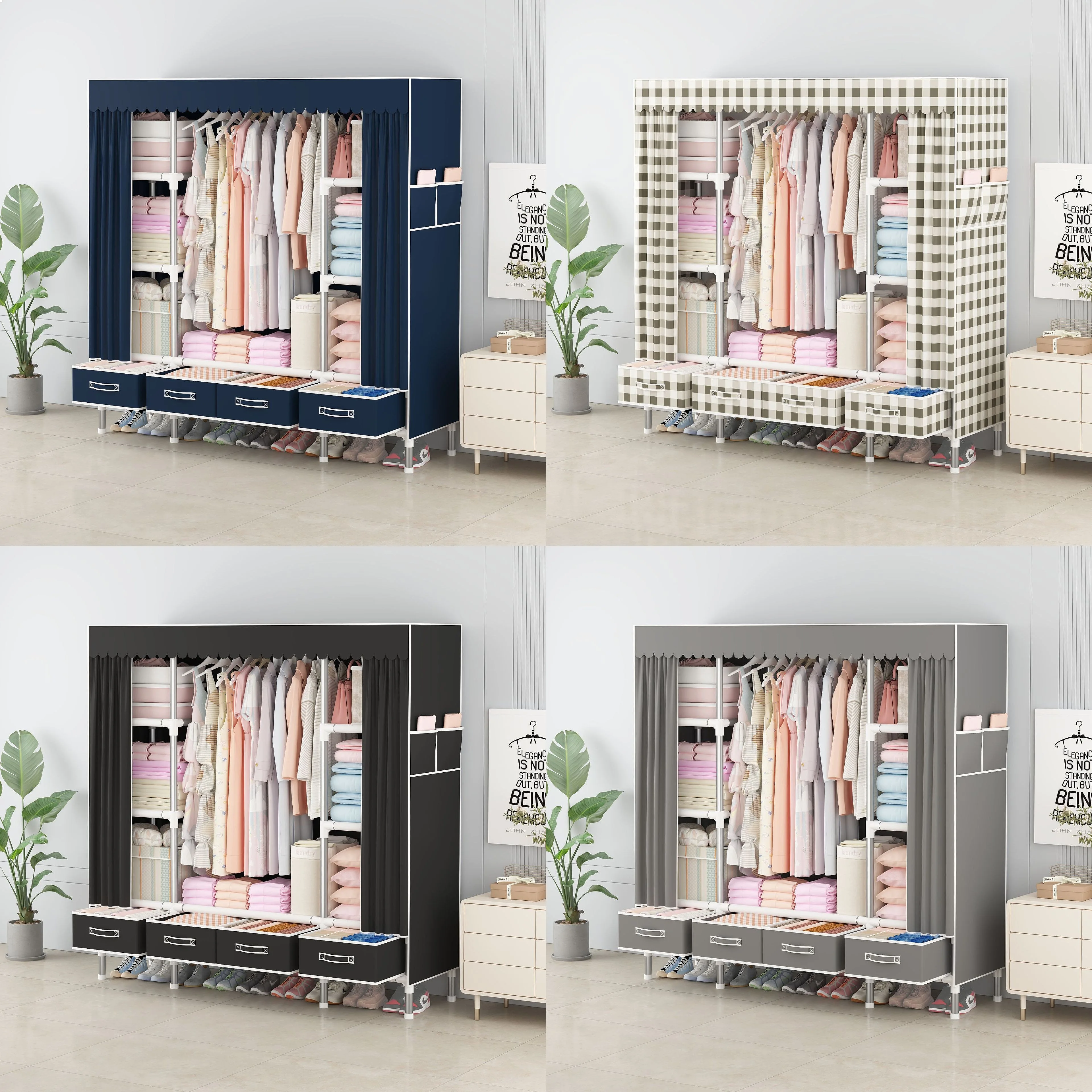 Simple Large Capacity Fabric Wardrobe with Drawer for Bedroom, Durable Steel Tube Storage Closet Dustproof Organizer