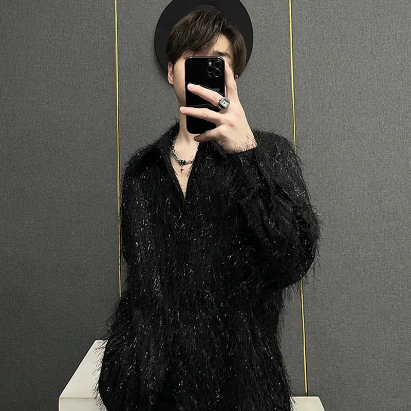 

Glittering Long Sve irt Jaet Men's Spring Faion Loose Nightclub irt Bright Tead Tassel Detail Youth ular Pure...