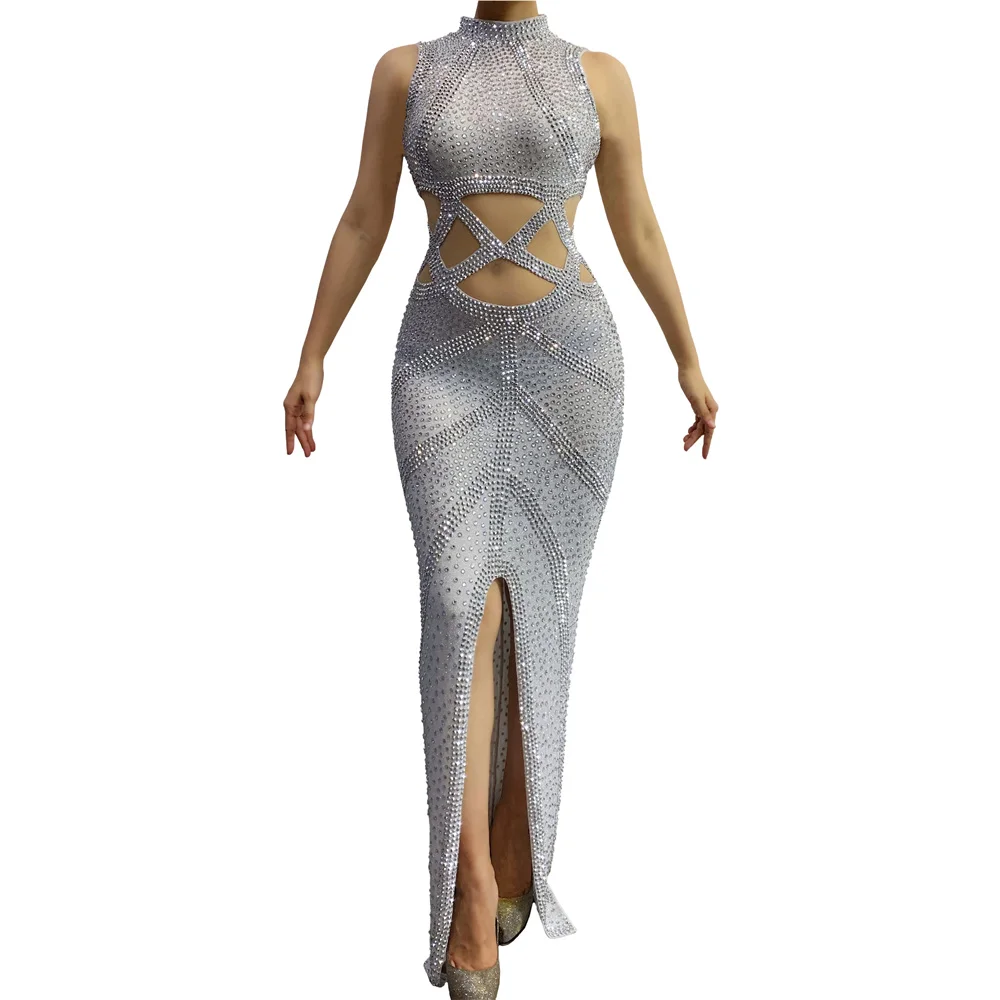 Nieuwe prestatiekostuum sexy zangeres bar nachtclub DJ podium sexy DS party GOGO prachtige vol diamanten lange jurk