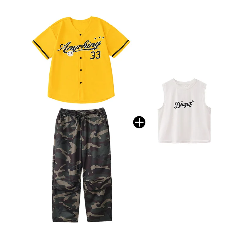 Jungen Street Dancewear Hip Hop Dance Wettbewerb Kostüme Gelbes Baseballshirt Camo Hosen Anzug Gruppe Jazz Kleidung Bühnenkleidung