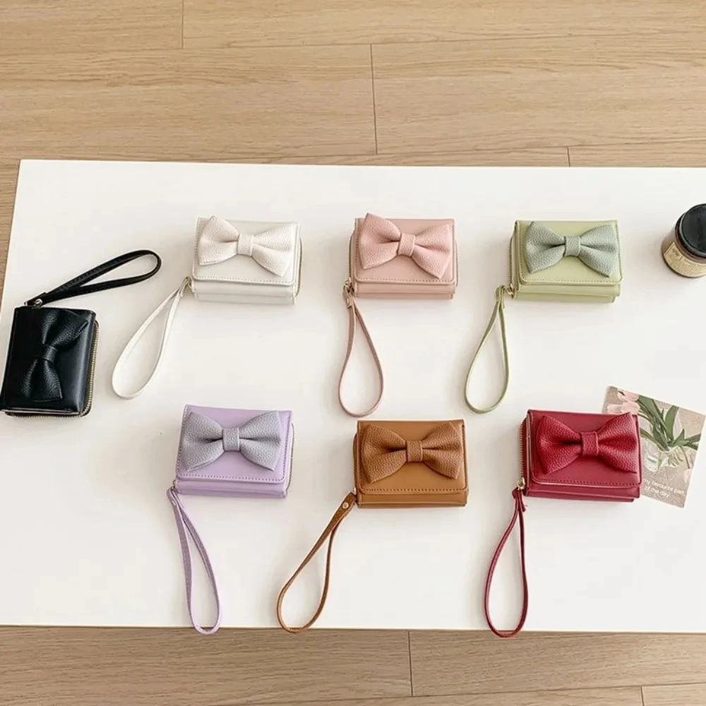 Cute Women Pu Leather Bow Short Wallet Korean Style Multifunctional Triple Fold Wallet Coin Purse Card Bag Clutch Bag Girls