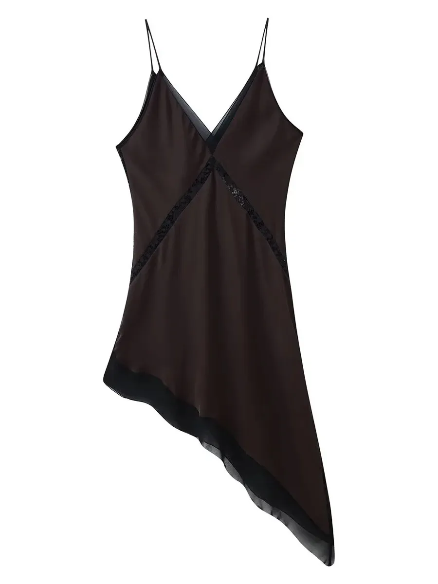 TWOTWINSTYLE セクシーな不規則なナイトガウン女性のための V ネックノースリーブパッチワークシアーメッシュスパゲッティストラップドレス女性の夏の新