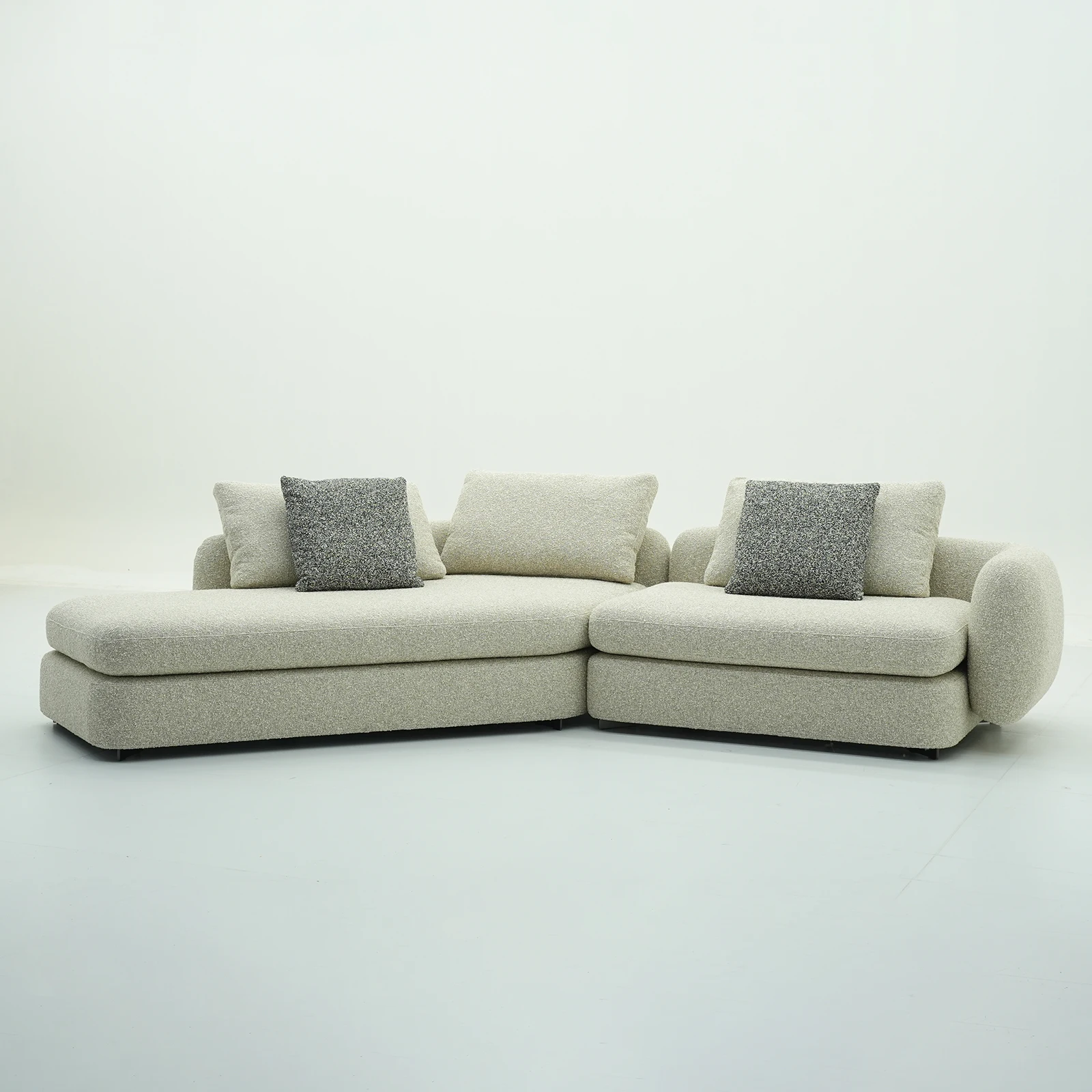 

#Comfortable Beige Boucle Upholstered Modular Velvet Sofa With Soft Cushions and Decorative Pillows for Living Space
