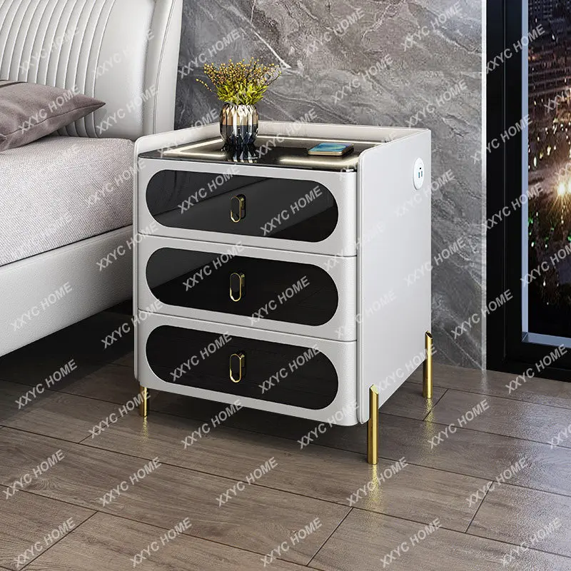 

Light Luxury Smart Bedside Table Simple Modern Multi-Functional Solid Wood Storage Cabinet with Lights