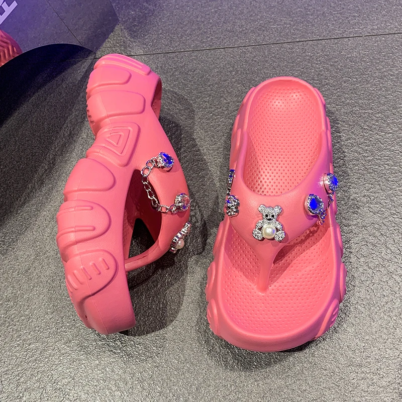 Summer Women Platform Flip Flops Slippers With Charms High Heel Sandals Mules Pumps EVA Wedge shoes Outside Casual Shoes Female